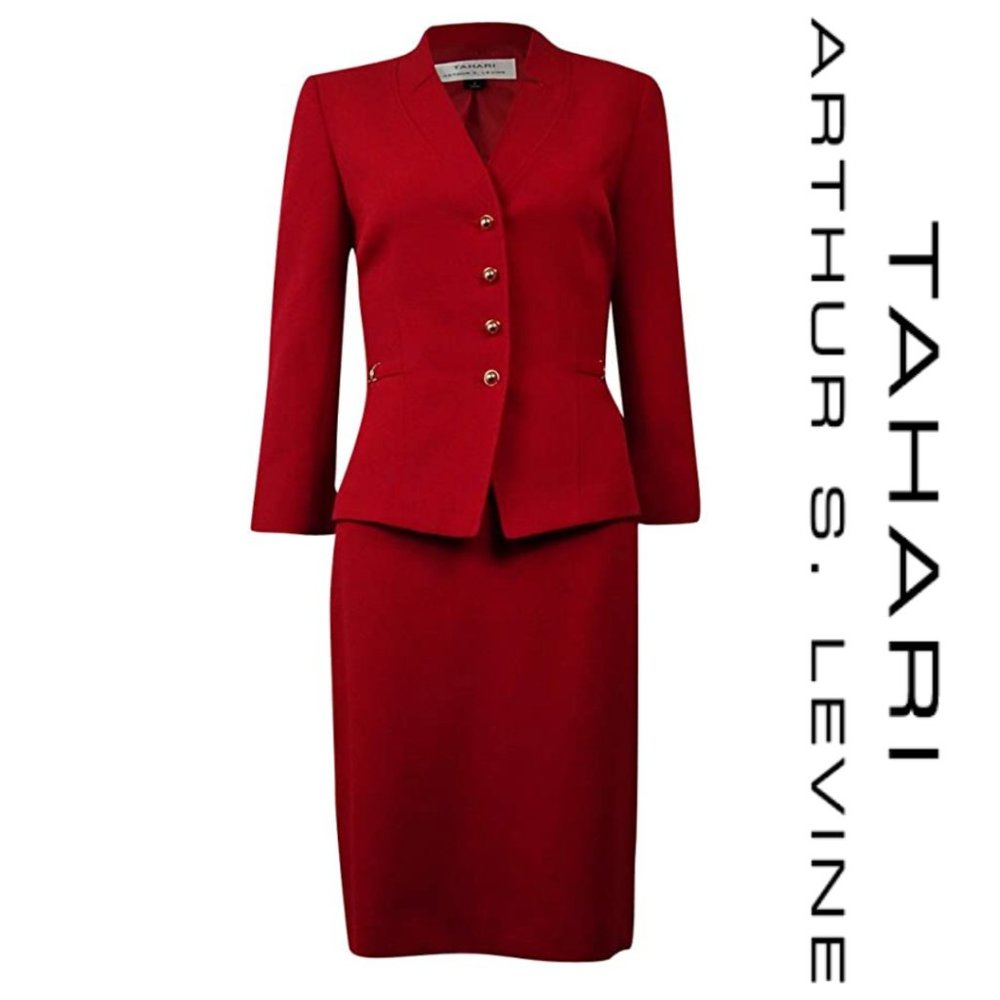 Red Tahari Skirt Suit 10P with Gold Buttons/Detail